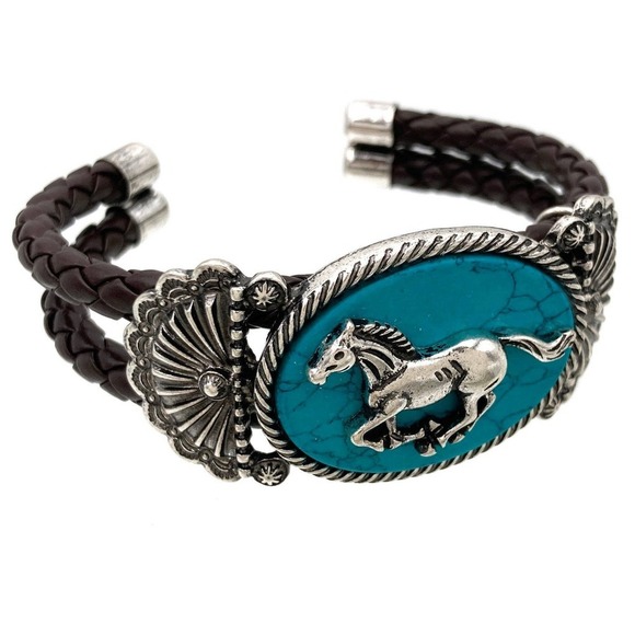 Horse Turquoise Stone Western Leather Open Bangle Bracelet - Picture 8 of 8